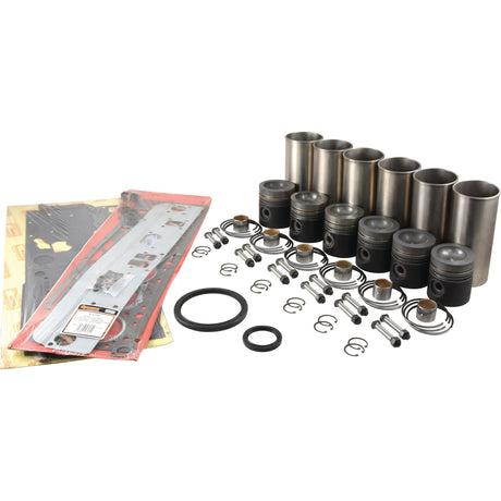 A comprehensive Sparex Engine Overhaul Kit without Valve Train (Finished) - S.43361, including pistons, AT6.354.4 cylinder sleeves, gaskets, seals, and various small parts, laid out neatly against a white background.