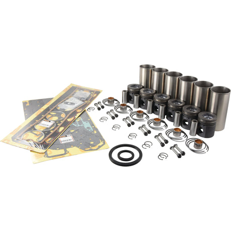 A collection of engine parts, including gaskets, pistons, rings, seals, and cylinder liners for the Perkins Engine Model 1006.6T are arranged on a white background. Perfectly suited for the Sparex Engine Overhaul Kit without Valve Train (Finished) - S.43362.