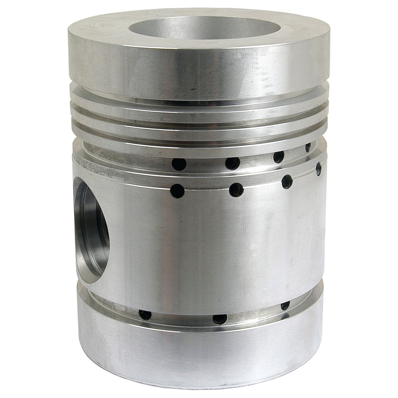 The Sparex Piston (Standard) - S.43382 is a cylindrical metal component with multiple grooves, holes, and a central opening, commonly used in engines or machinery and often featuring specific bore diameters for precision.