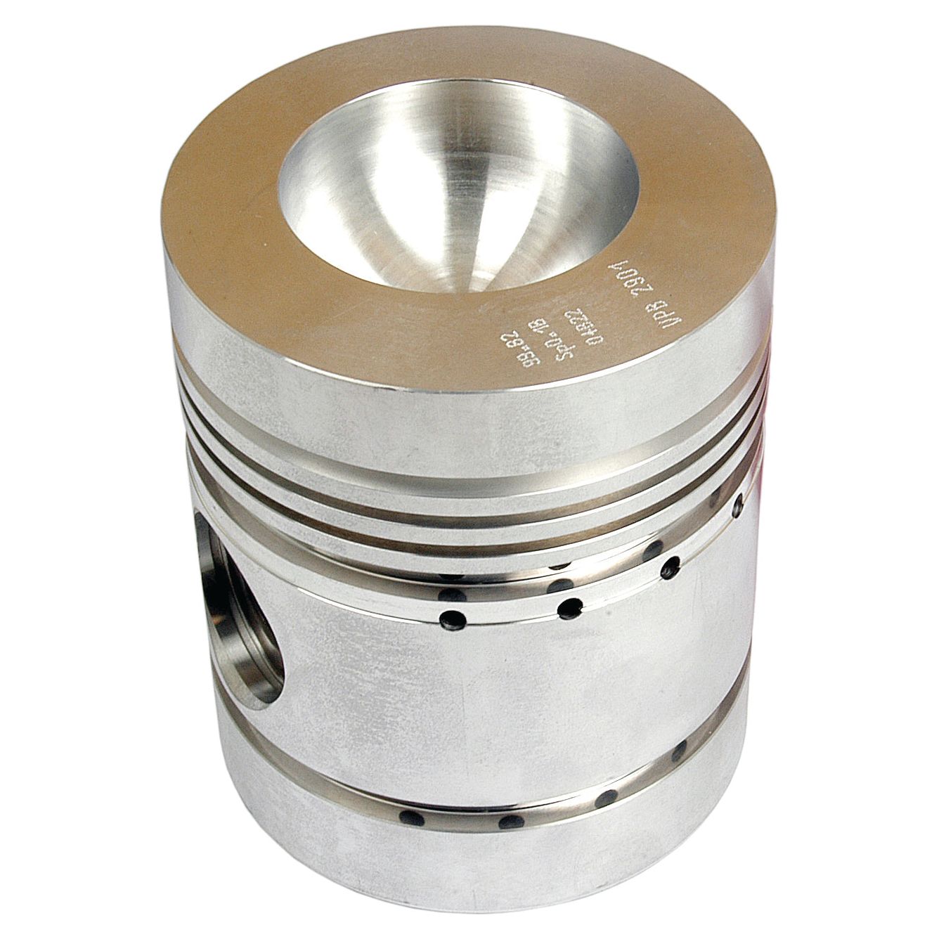 A Sparex metallic cylindrical Piston (Standard) - S.43383 features grooves and a hole, boasting a smooth, polished surface with engraved markings at the top, meticulously designed to maintain optimal compression height.