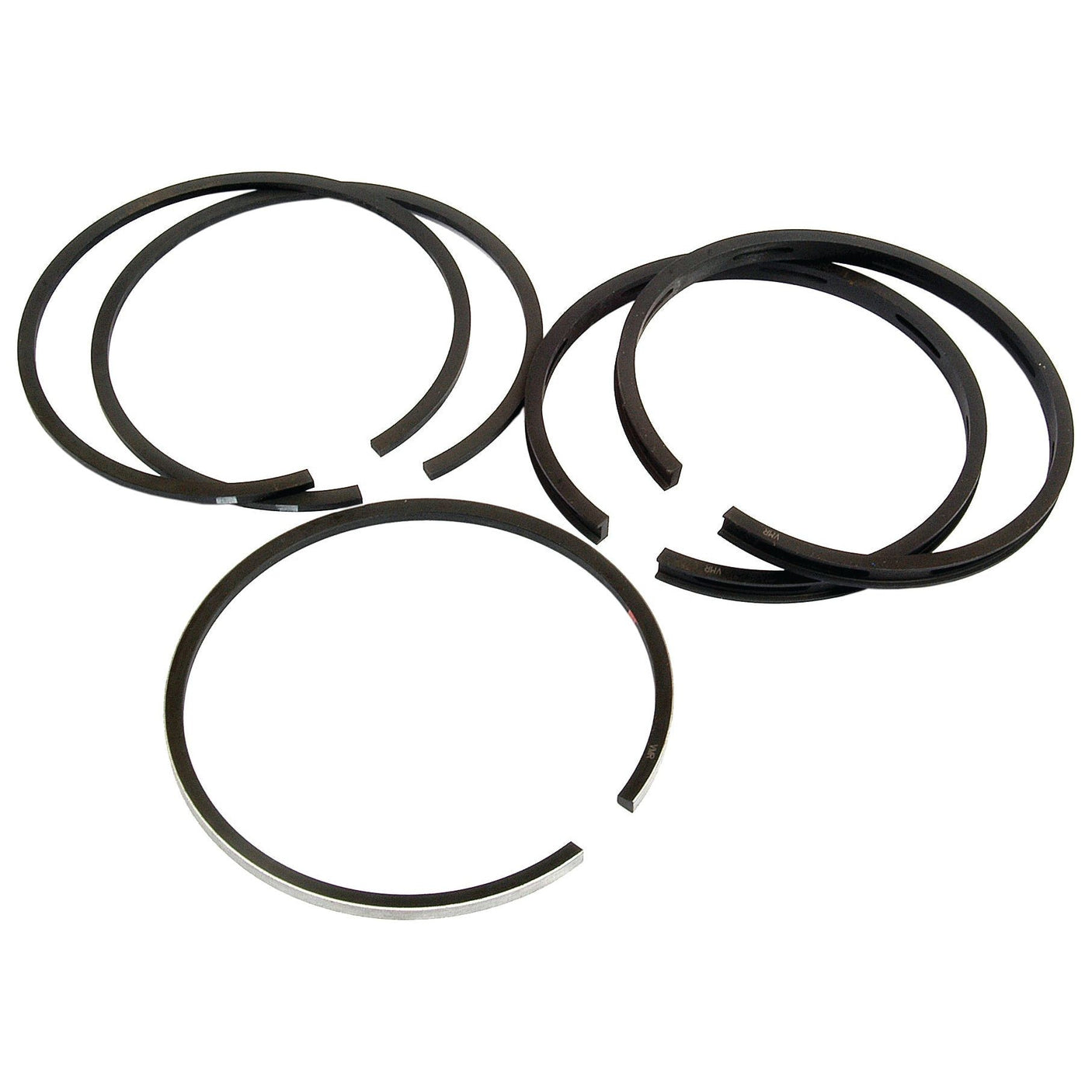 A set of three pairs of dark-colored Piston Ring | Sparex Part No. S.43384, ideal for Leyland 344 or Nuffield 3DL engines, arranged on a white background.