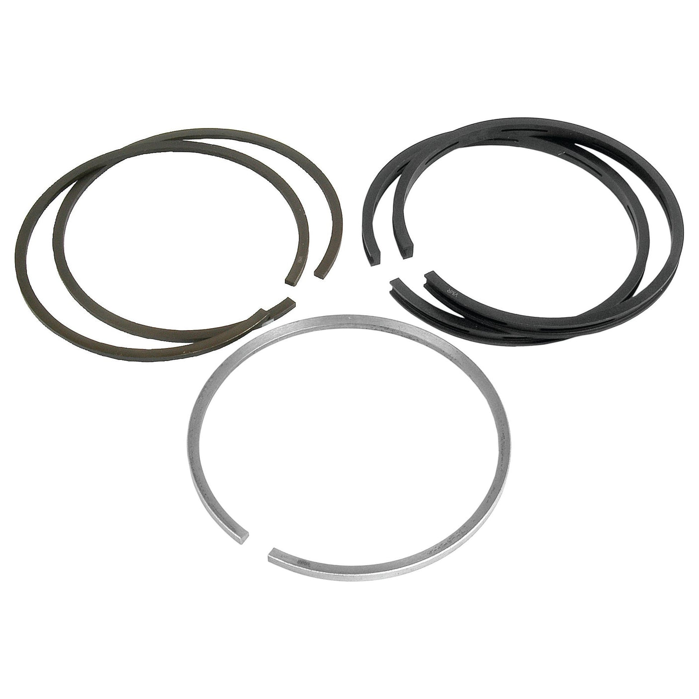 Three sets of Sparex Piston Rings (Sparex Part No. S.43385) are displayed, each set contains two molybdenum-coated rings, varying in color from dark grey to black and silver, arranged in a triangular pattern.