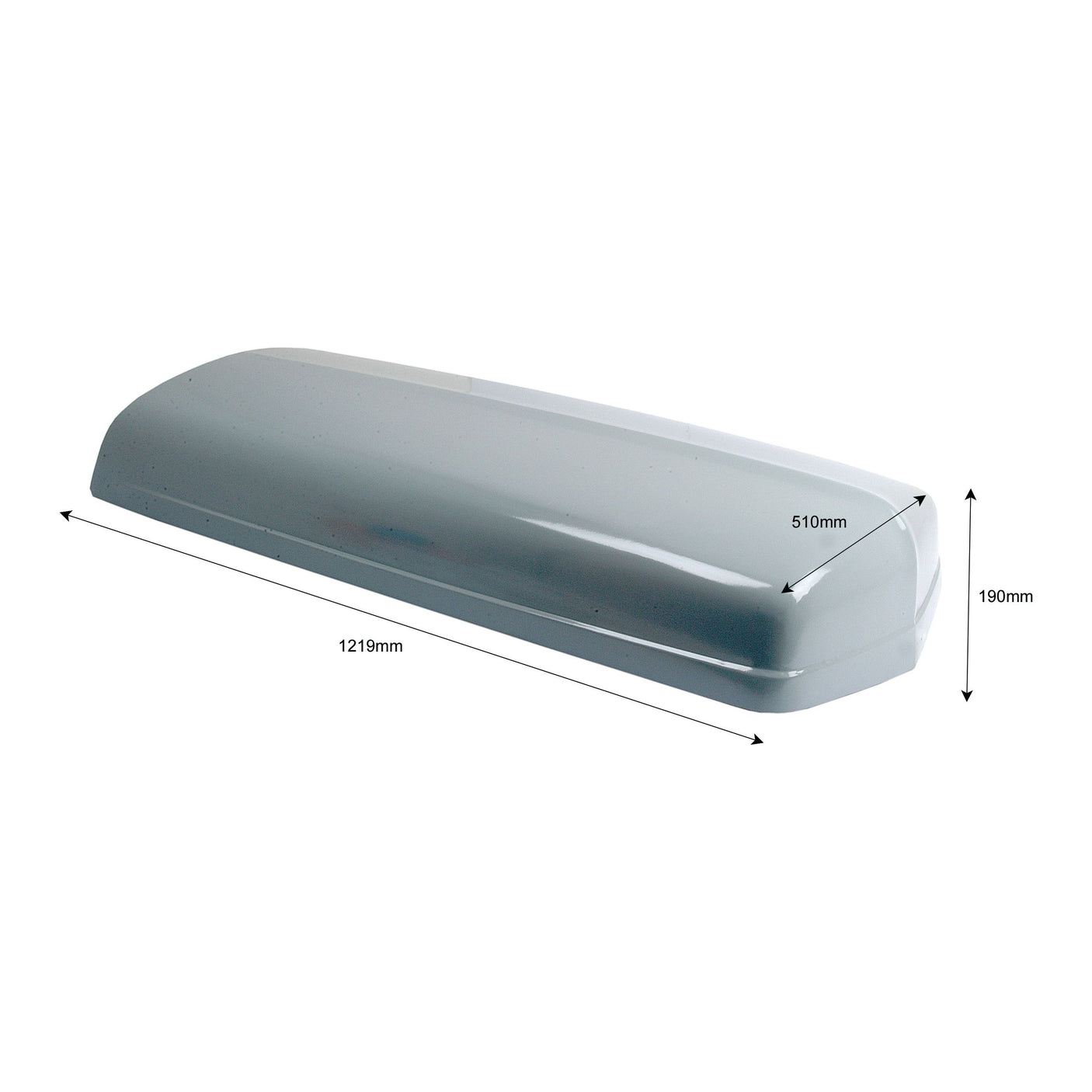 A rectangular grey roof cargo box, Sparex Bonnet (Sparex Part No.S.43391), with dimensions labeled: 510mm width, 1219mm length, and 190mm height—ideal for carrying extra gear on your Massey Ferguson.