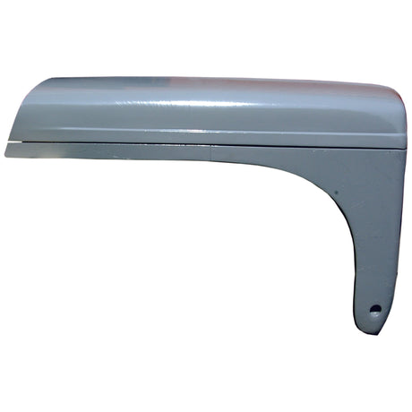 A grey, L-shaped metal bracket with a curved top edge and a hole at the bottom for mounting, ideal for use in Massey Ferguson TE20 bonnet assembly can be described as the Bonnet Assembly by Sparex, part number S.43392.