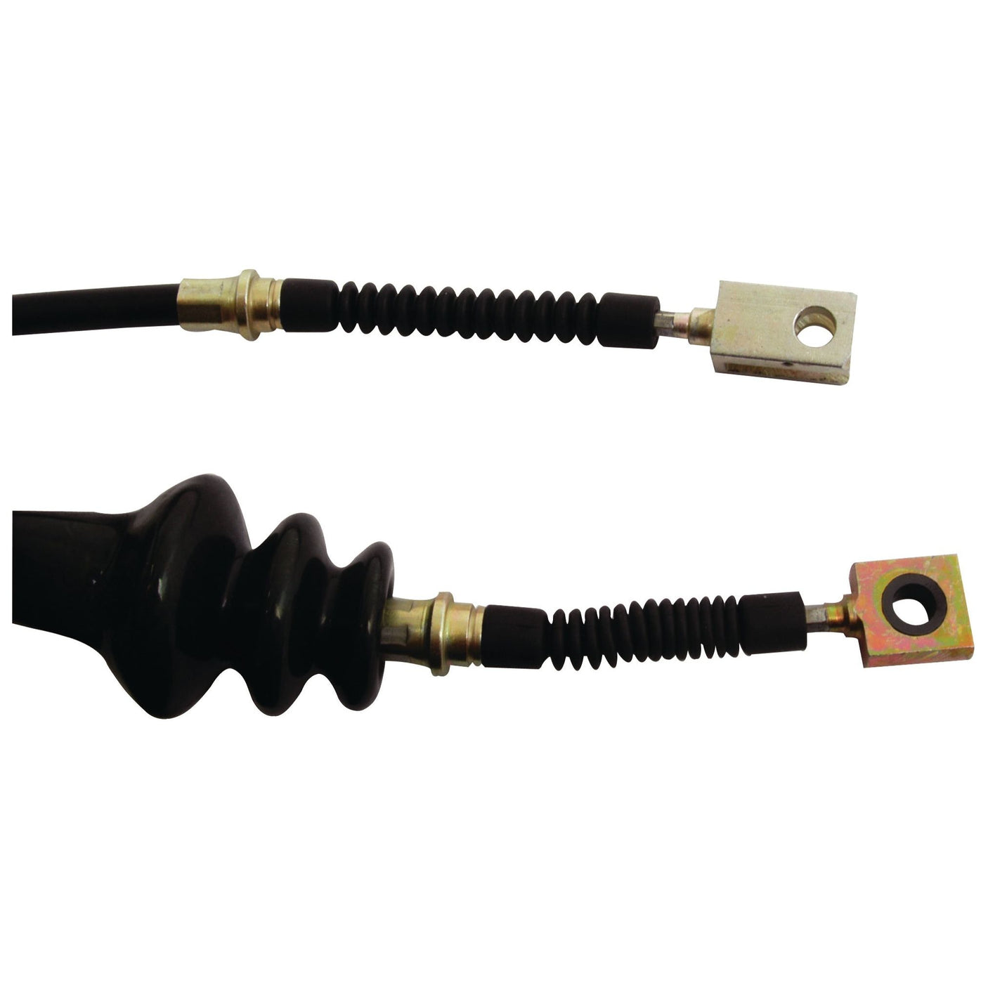 Detailed view of the two ends of a mechanical cable with flexible black coverings and metallic connectors featuring holes for attachment. The Sparex Clutch Cable, Part No. S.43400, with an outer cable length of 633mm and total length of 844mm, is suitable for a Massey Ferguson and ideal for automotive or mechanical applications.