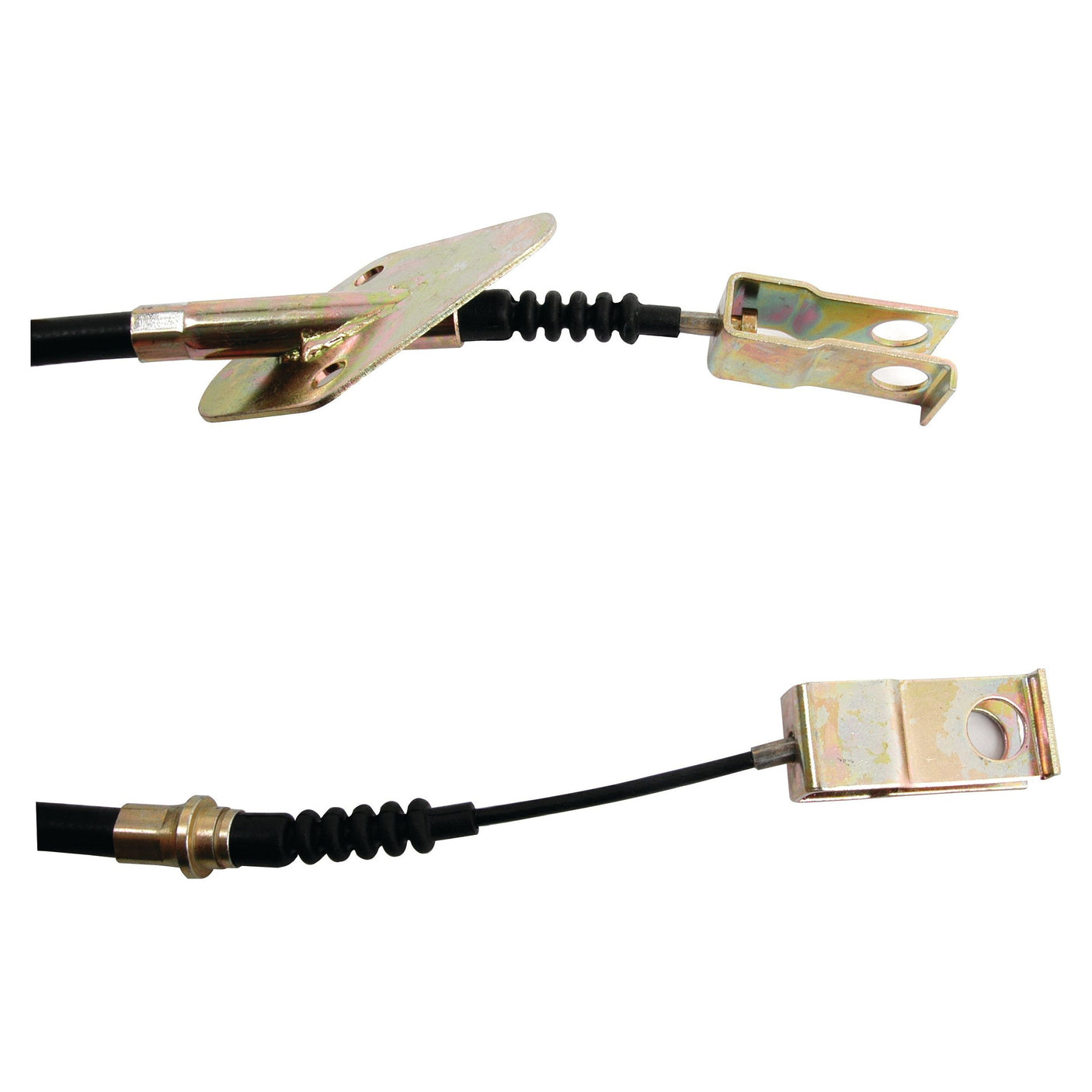 Two clutch cables, each with metal connectors on both ends and black outer casings featuring adjustable fittings, are designed to attach to a brake mechanism. These cables measure 721mm in length with an outer cable length of 410mm, making them ideal replacements for Massey Ferguson machinery. Compatible with Sparex Part No. S.43404.