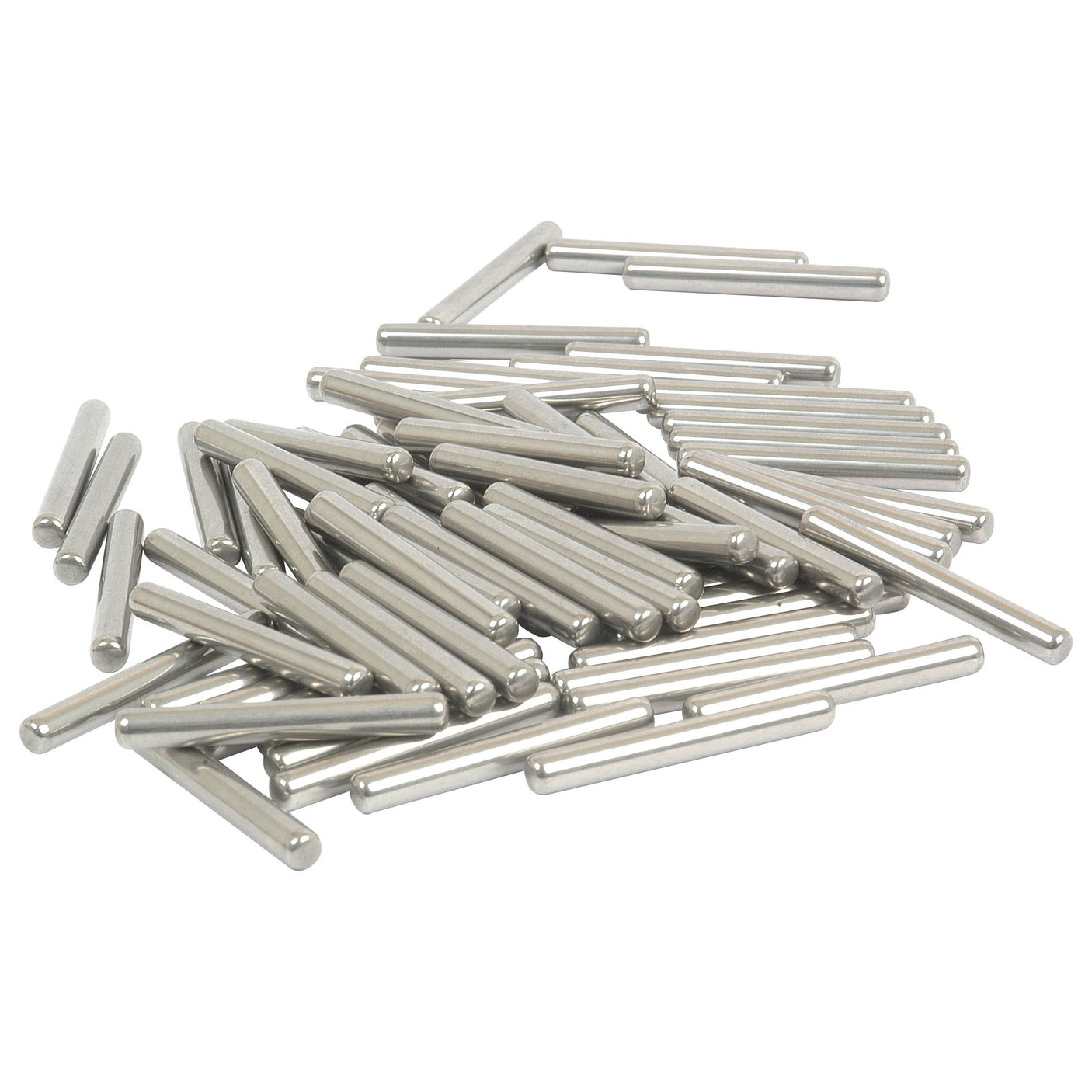 A pile of metal dowel pins, similar to those included in a Sparex Needle Bearing (75 pcs.) kit with part number S.43419, is scattered on a white surface.