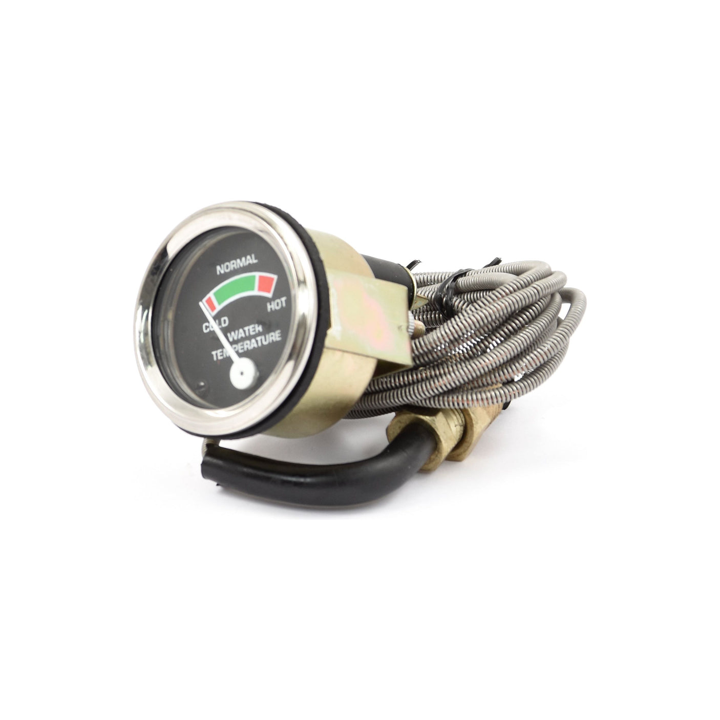 The Sparex Water Temperature Gauge (Sparex Part No.S.4341) features a black face with a needle indicator and sections labeled "Cold," "Normal," and "Hot." It is ideal for use in Massey Ferguson or David Brown tractors and comes attached to a coiled metal conduit and electrical wiring.