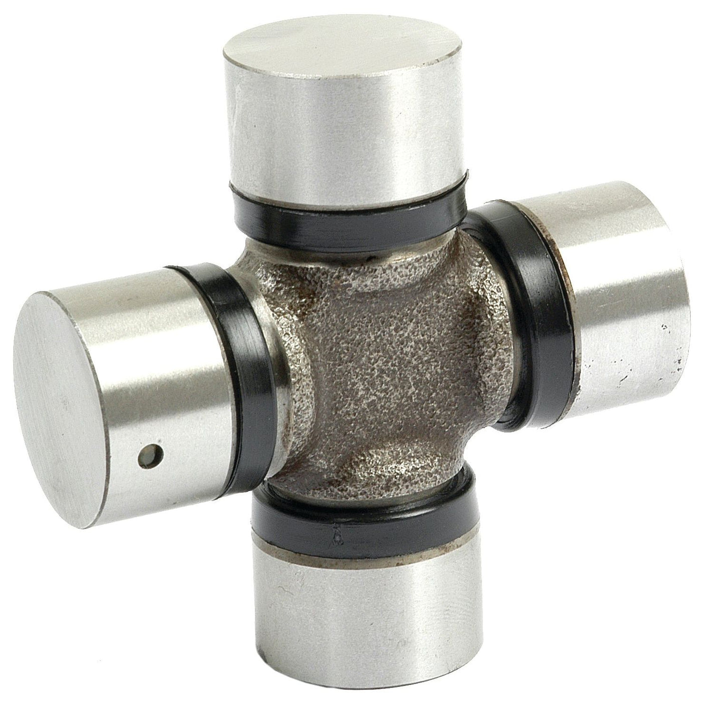 The Sparex Universal Joint 27.0 x 70.9mm (Part No. S.43422) features four cylindrical parts intersecting at the center, each ending in a round cap—ideal for Massey Ferguson equipment.