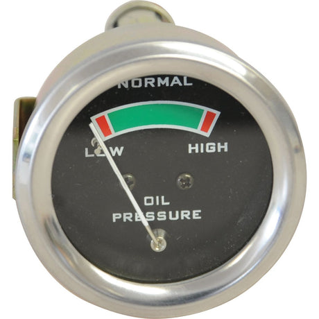 The Sparex Oil Pressure Gauge (With Light), Part No. S.4342, shows a reading in the low range. This Massey Ferguson gauge features markings for low, normal, and high pressure with a needle pointing towards the low end. It includes a Sparex fitting and comes equipped with a light for easy viewing in dim conditions.