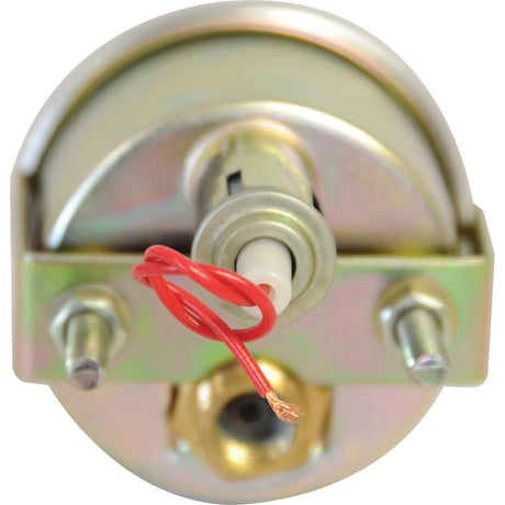 Close-up image of a cylindrical automotive electric switch with a metallic body, red wire, and mounting screws. This Massey Ferguson spare part, the Oil Pressure Gauge (With Light) by Sparex (Part No. S.4342), includes precise Sparex fitting for easy installation.