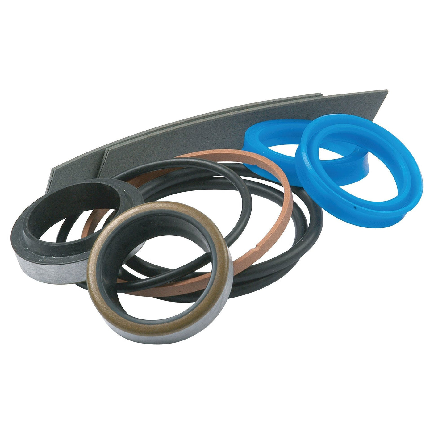 A comprehensive Seal Kit (Sparex Part No.S.43431) inclusive of various seals and gaskets such as rubber o-rings, metallic rings, blue plastic seals, and flat gaskets presented on a white background. This kit from Sparex is ideal for maintaining machinery like the Massey Ferguson 240 or Landini 5830.