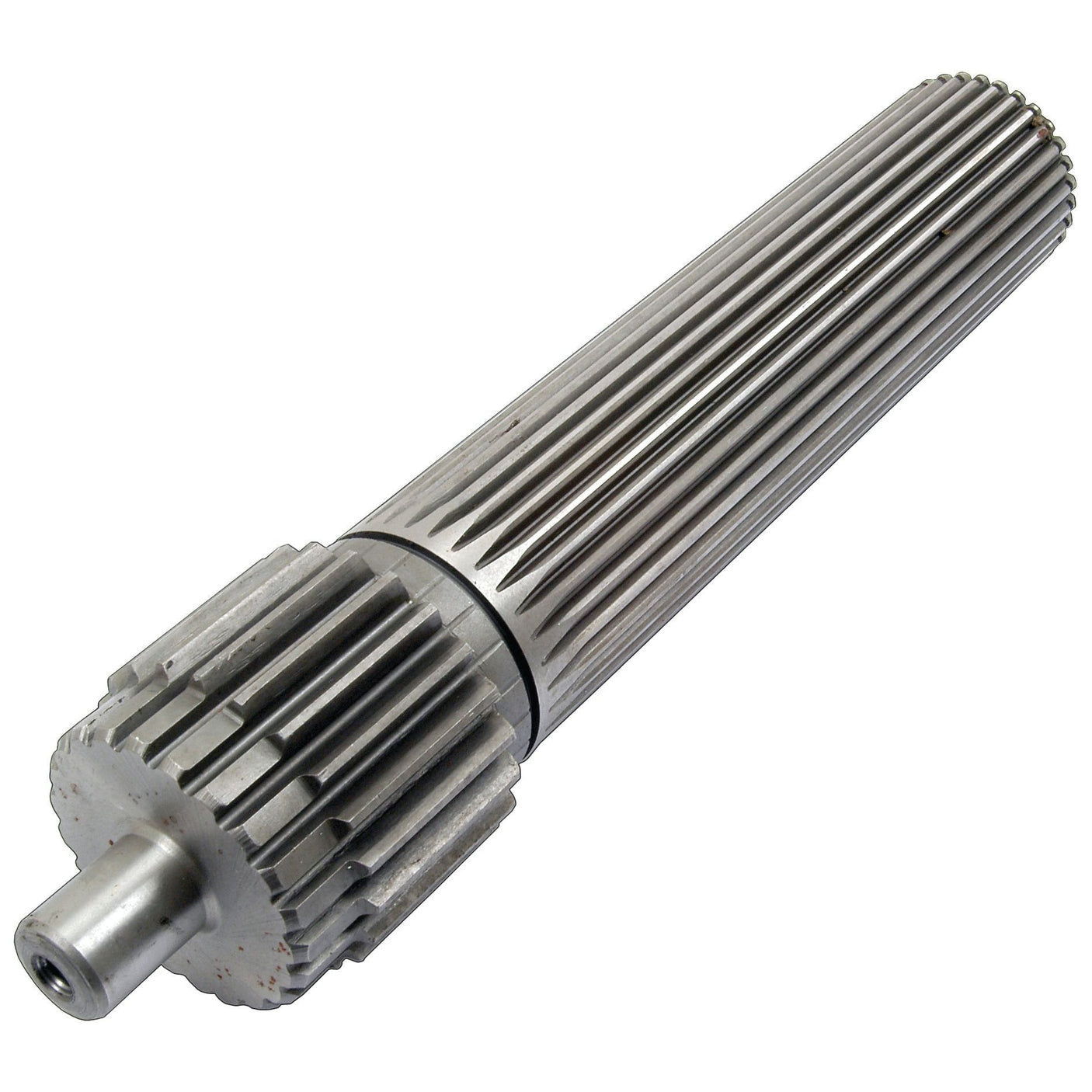 A metal mainshaft featuring fine longitudinal ridges and a larger gear segment at one end, compatible with Massey Ferguson machinery, specifically the Sparex Main Shaft (Part No. S.43439).