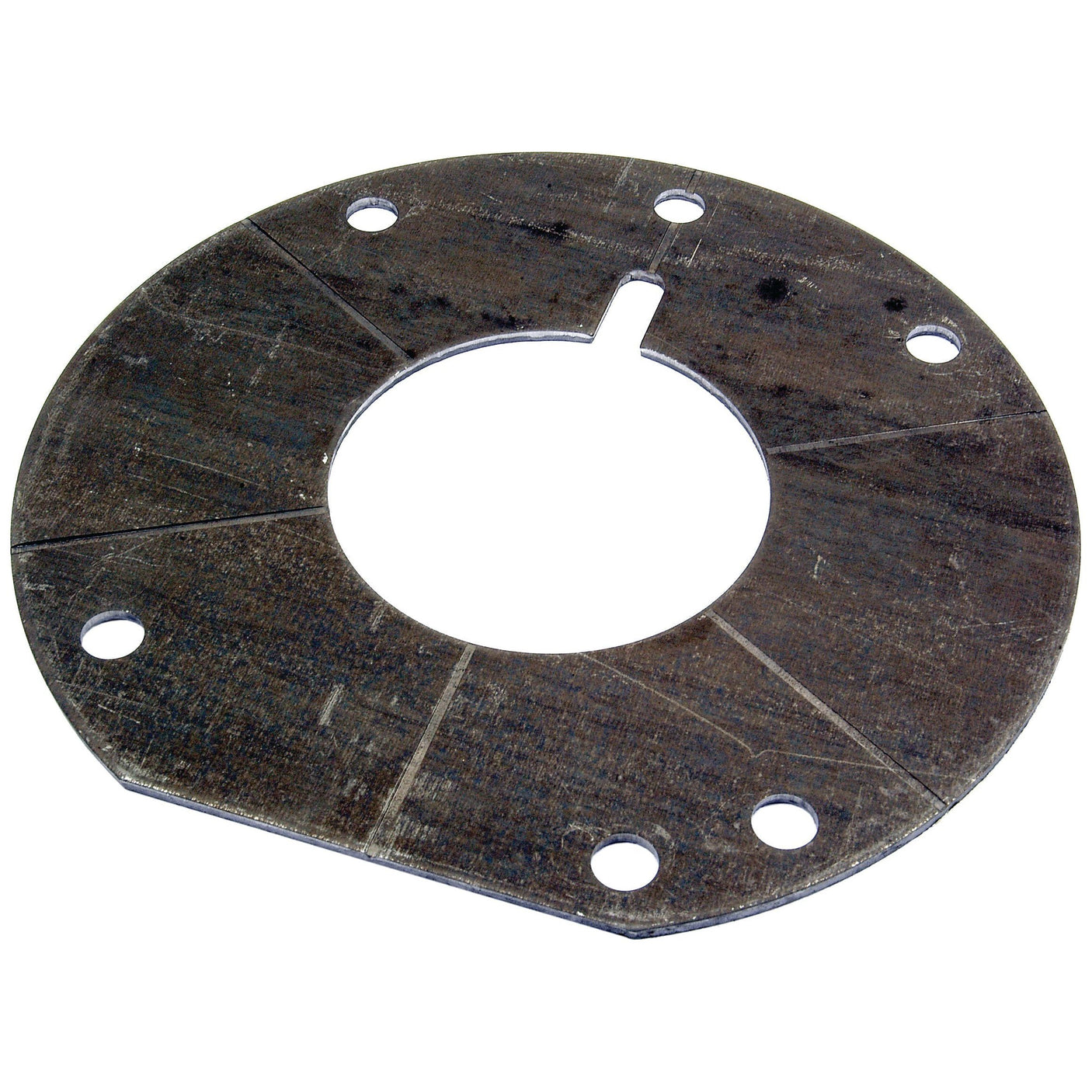 A circular metal disk with a large central hole and six smaller evenly spaced holes near the edge, this Transmission Front Cover Plate (Sparex Part No. S.43441) by Sparex is compatible with Massey Ferguson models.