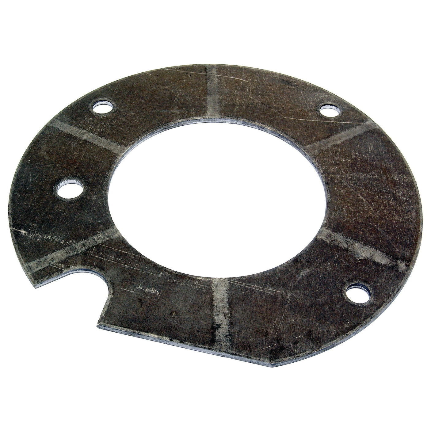 The Rear Transmission Cover Plate by Sparex (Part No. S.43442) is a round, flat cover with four holes and one notch along the outer edge. It is commonly used in Massey Ferguson and Landini equipment.