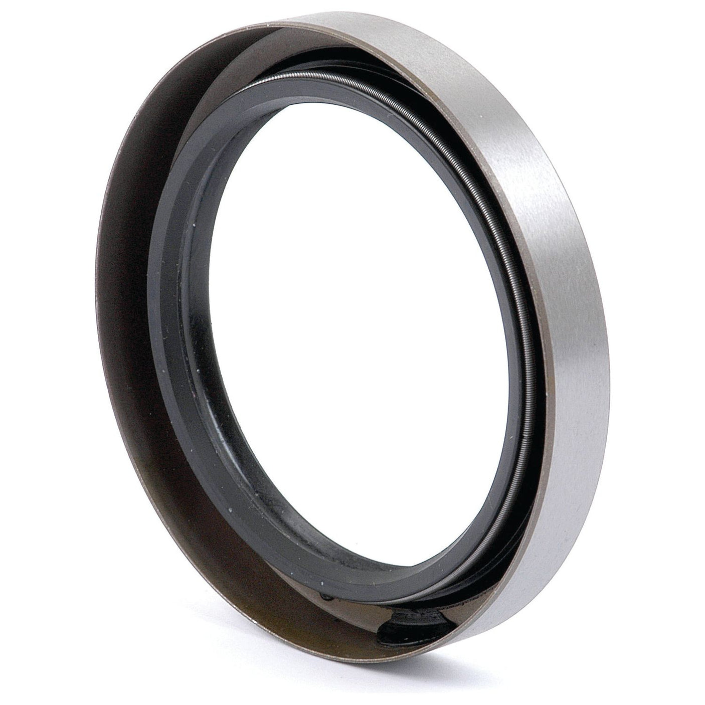 Close-up of a Sparex PTO Shaft Seal | Sparex Part No.S.43456, featuring a metallic mechanical ring with an inner black rubber or plastic layer, isolated on a white background.