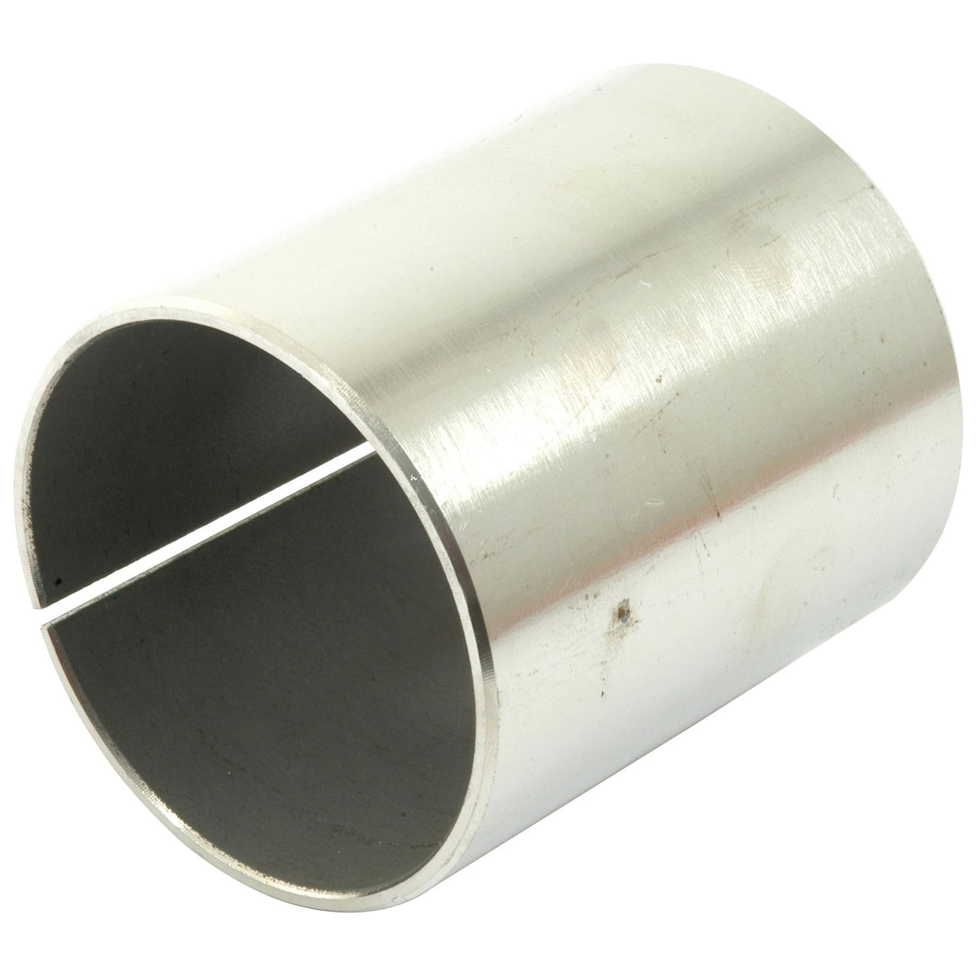 The Sparex Bush (Part No. S.43473) is a cylindrical metal sleeve with a longitudinal cut along its length, featuring a smooth, metallic surface, perfect for use as a bush for the cross shaft of Massey Ferguson tractors.