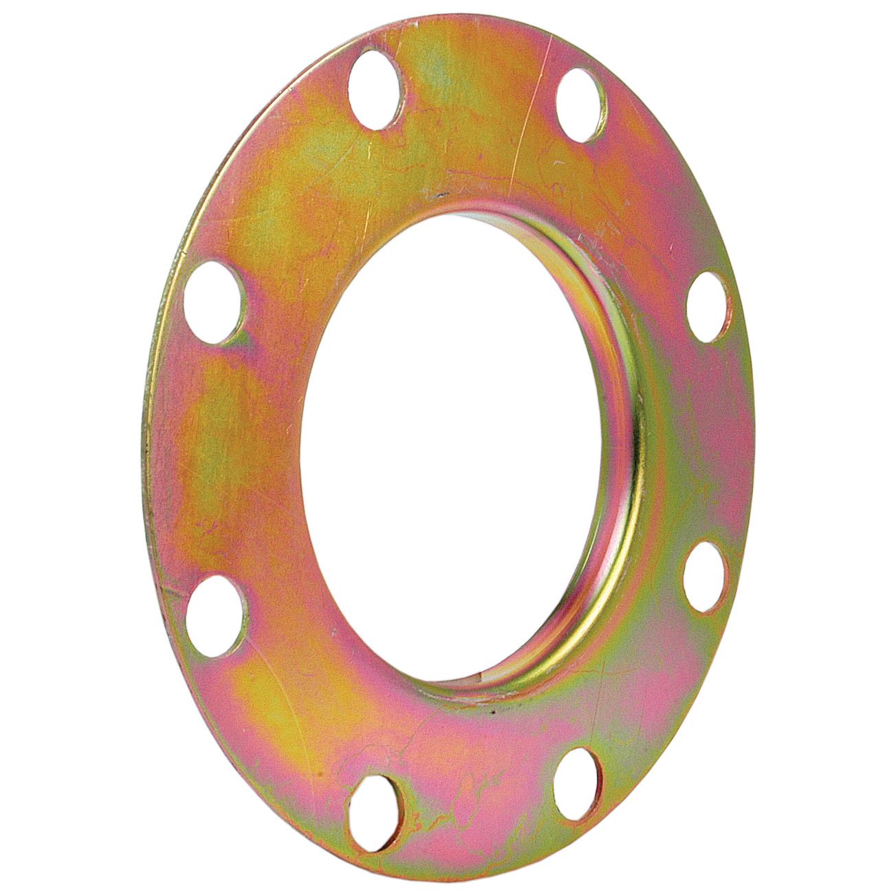 The Sparex Rear Axle Washer (Part No. S.43481) is a metal circular flange featuring eight evenly spaced holes and a slightly raised inner ring, finished with a yellow-green iridescent coating, making it ideal for use on the rear axle of Massey Ferguson machinery.