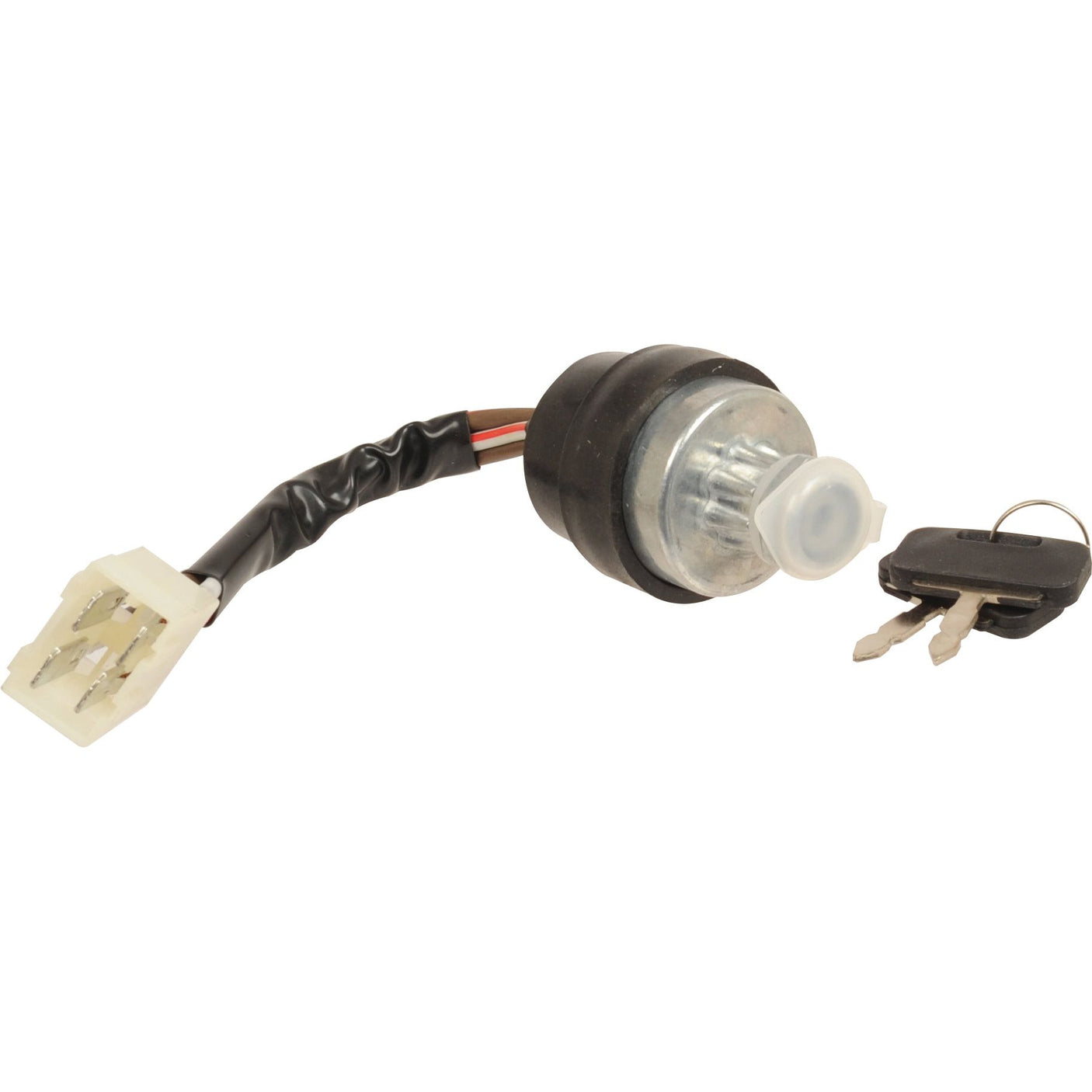 The Ignition Switch With Mini Harness from Sparex (Part No.S.43482) is a small ignition switch assembly featuring a black connector, white plastic plug, and two metal keys connected by a single ring, designed for use in Massey Ferguson tractors.