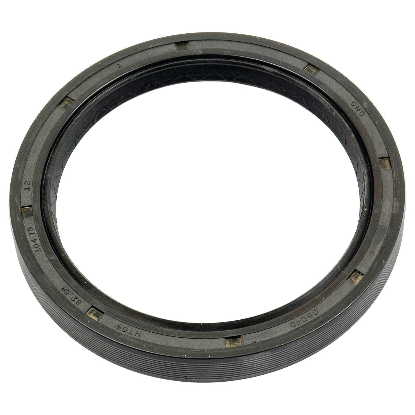 The Sparex Oil Seal 82.6 x 104.8 x 12mm (Sparex Part No.S.43497) is a black rubber oil seal with inner and outer rings, designed to prevent the leakage of lubricants in machinery. Specifically tailored for Massey Ferguson vehicles and comparable models, this Seal - Rear Axle guarantees reliable performance and durability. Available at Sparex dealerships.