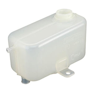 A translucent plastic coolant recirculating reservoir tank with a horizontal mounting bracket, perfect for Massey Ferguson models. This is the AGCO Massey Ferguson Expansion Tank, part number 4349830M3, featuring a threaded cap (not included).