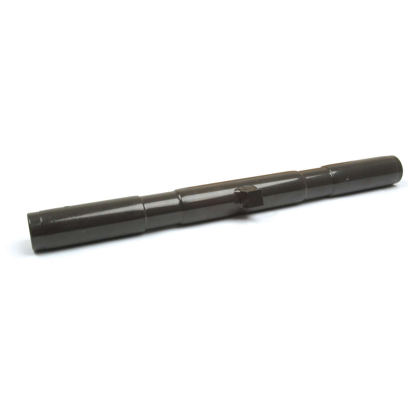 A Top Link Centre Tube - 1 1/16'' UNF - 440mm (S.434) from Sparex, featuring a black cylindrical metal construction with multiple sections, threaded ends, and a central hexagonal protrusion, isolated on a white background.