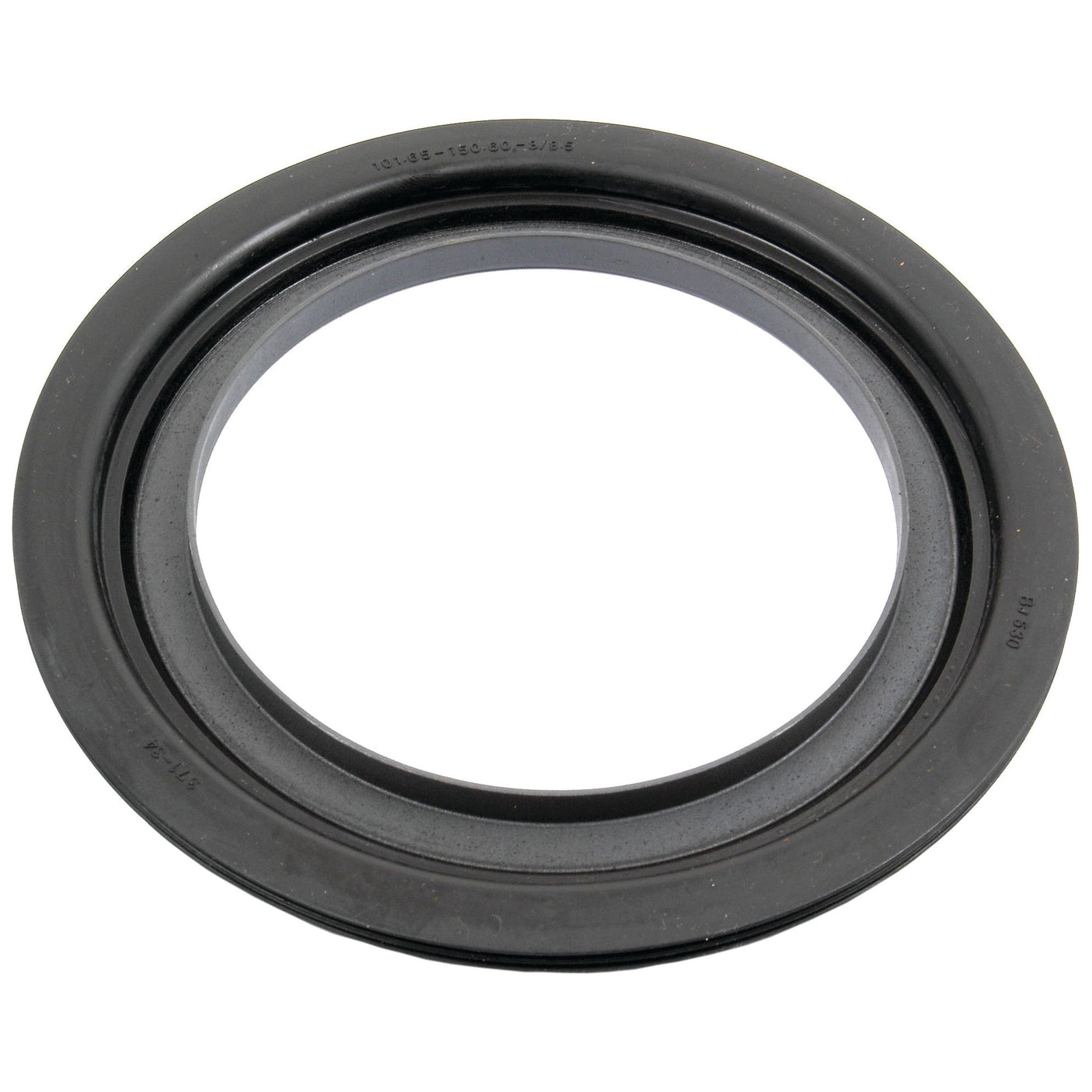 A close-up of a black rubber Sparex Oil Seal 101.6 x 150.6 x 8.5mm (Sparex Part No.S.43502) with a circular shape, placed against a white background.