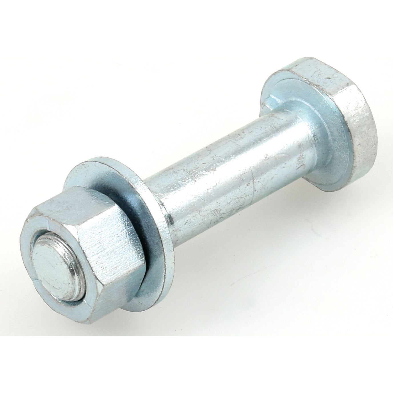 A Sparex Pipped Wheel Bolt, 5/8'' x 2 7/8'' (UNF) - Part No. S.4352, fitted with two hexagonal nuts and flat washers, positioned horizontally on a white background.