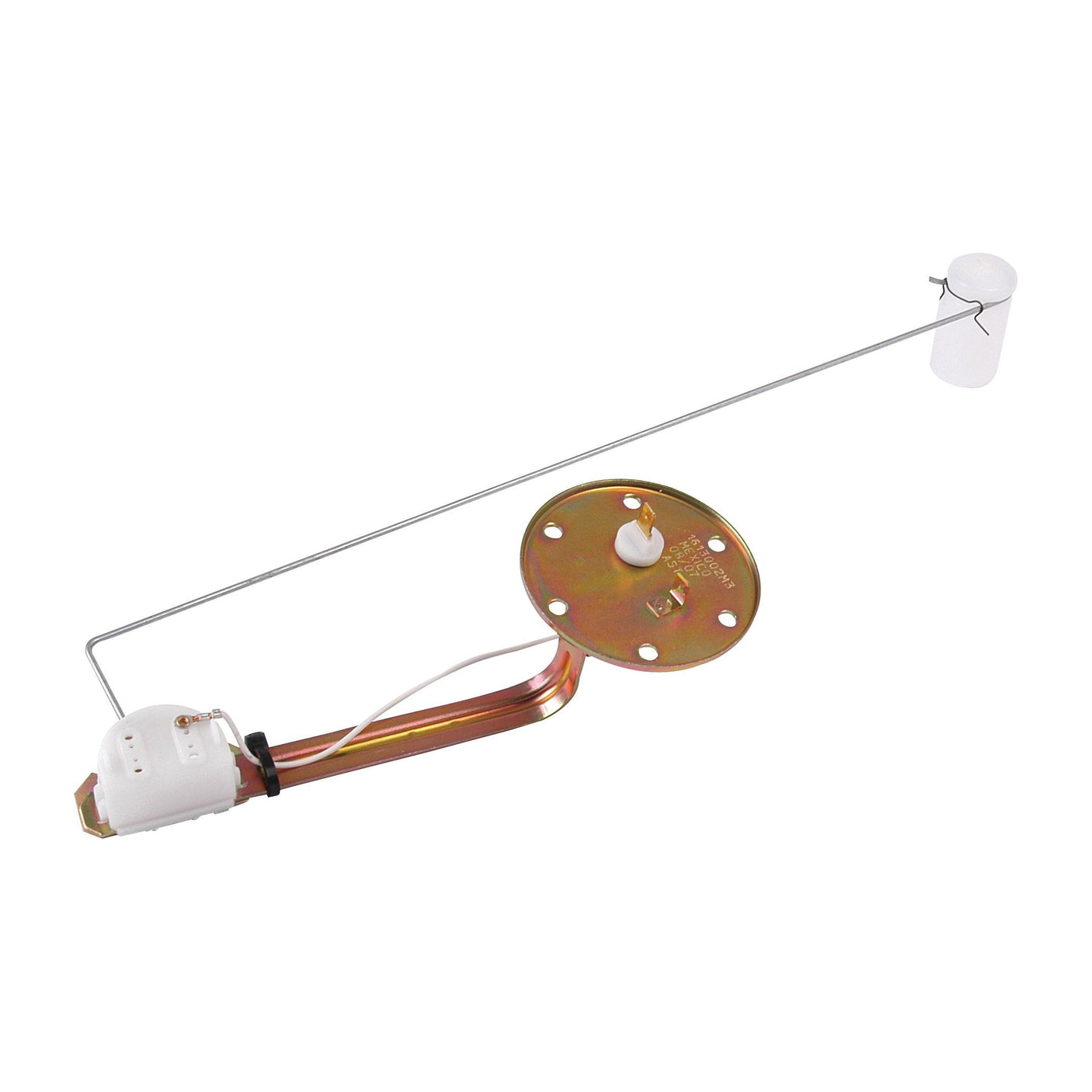 Sparex's Fuel Sender Unit (Part No. S.43539), designed for Massey Ferguson models, features a metallic rod connected to a white cylindrical float and a yellowish, round, flat component with wiring.