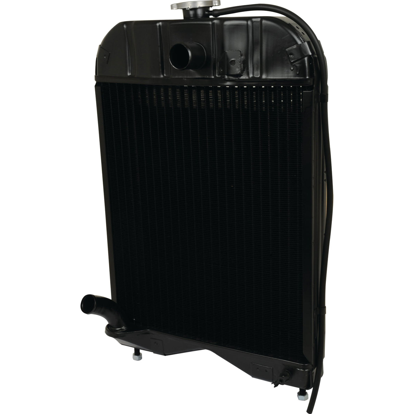 Sparex Radiator - S.43561, a black car radiator with a connected straight top hose connection, standing upright on a white background, designed for a 23C 4 Cyl Diesel Engine.