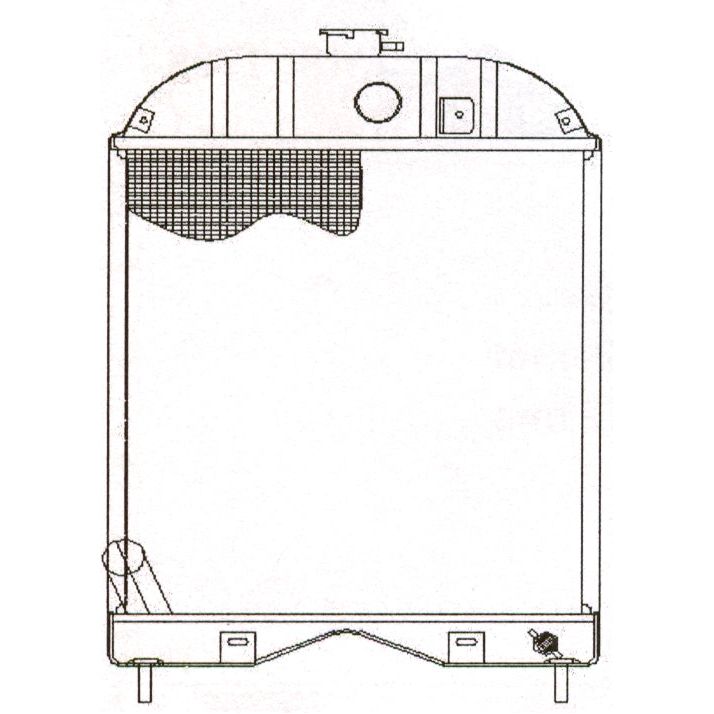 Line drawing of the Radiator - S.43561 from Sparex, featuring a cylindrical shape with a domed top, including a mesh section and piping connections at the bottom, resembling components seen in systems like the 23C 4 Cyl Diesel Engine.