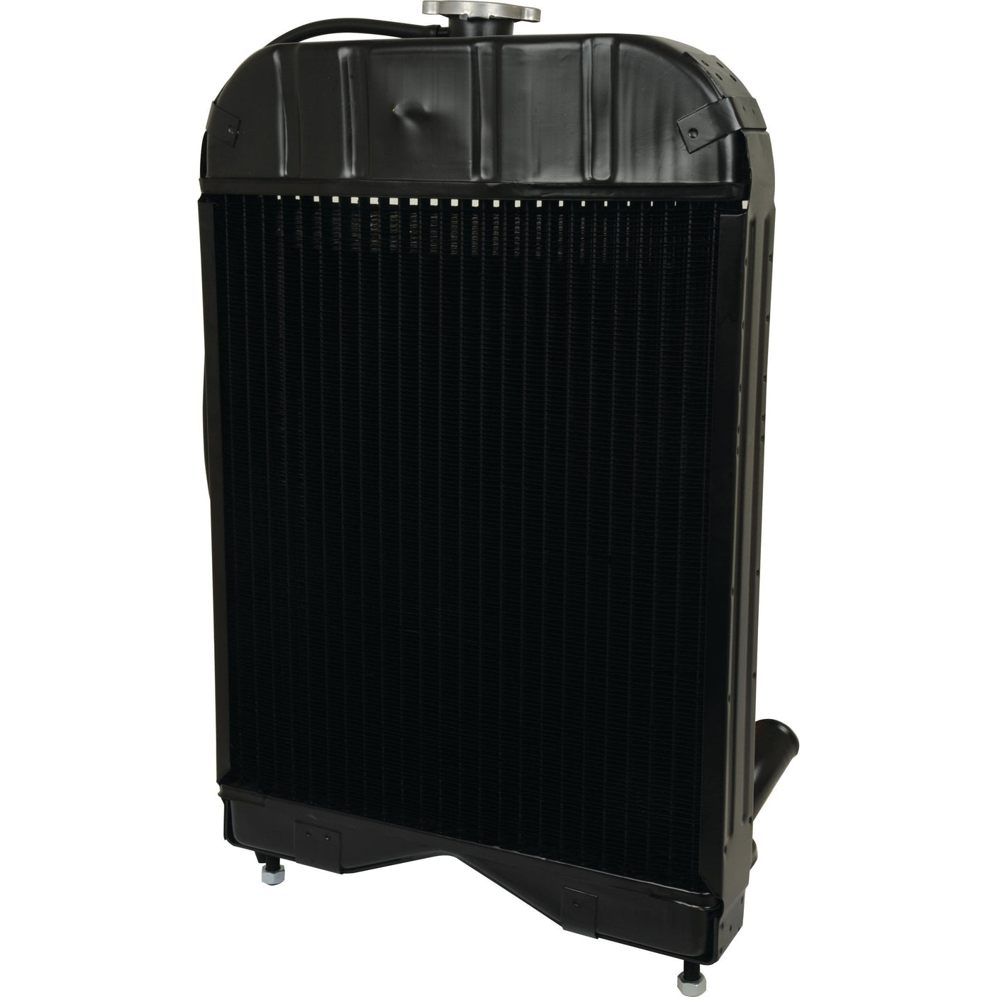 The Sparex Radiator - S.43561 is a black metal radiator with vertical fins and a pipe attachment at the bottom. It features a straight top hose connection, making it ideal for use in automotive or machinery cooling systems.