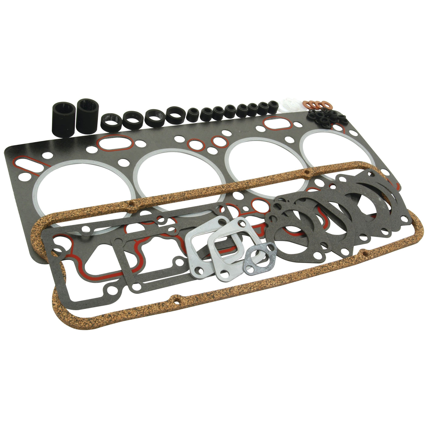 A set of engine gaskets and seals for Massey Ferguson engines, featuring a variety of gaskets made from different materials and in various shapes, rubber seals, and metal rings, all arranged on a white background. This comprehensive kit is marketed as the Top Gasket Set - 4 Cyl., under Sparex Part No. S.43568 by the Sparex brand.