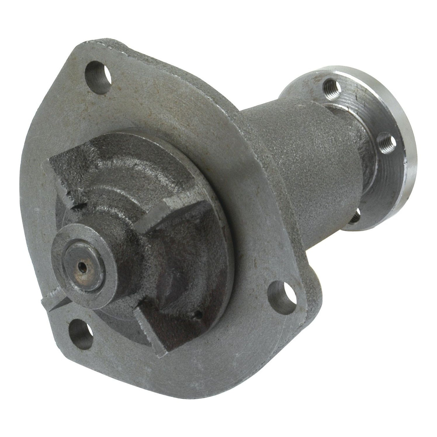 This is the Sparex Water Pump Assembly - S.43576, a robust metal automotive part designed for 23C Diesel models. It features a cylindrical base and a trapezoidal bolt pattern flange with four bolt holes, complemented by a central shaft that protrudes from the middle. The part has a rough, matte finish for enhanced durability.