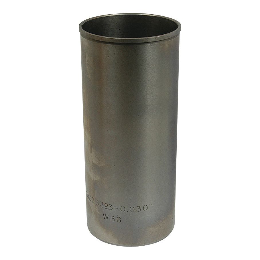 A cylindrical metal pipe with a plain, polished surface. A small inscription at the bottom reads "338323+0.030'' WIBG," indicating its compatibility with oversize liners. The interior of the pipe is visible. This product is known as a Piston Liner (Semi Finished) and is manufactured by Sparex under Part No.S.43587.