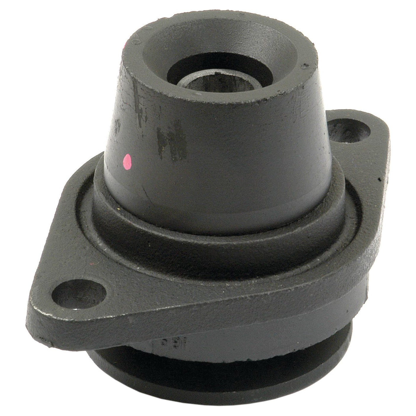 Close-up of a Sparex Cab Mount (Part No. S.43589) in black metal with a cylindrical shape and two mounting holes, designed for a Massey Ferguson.