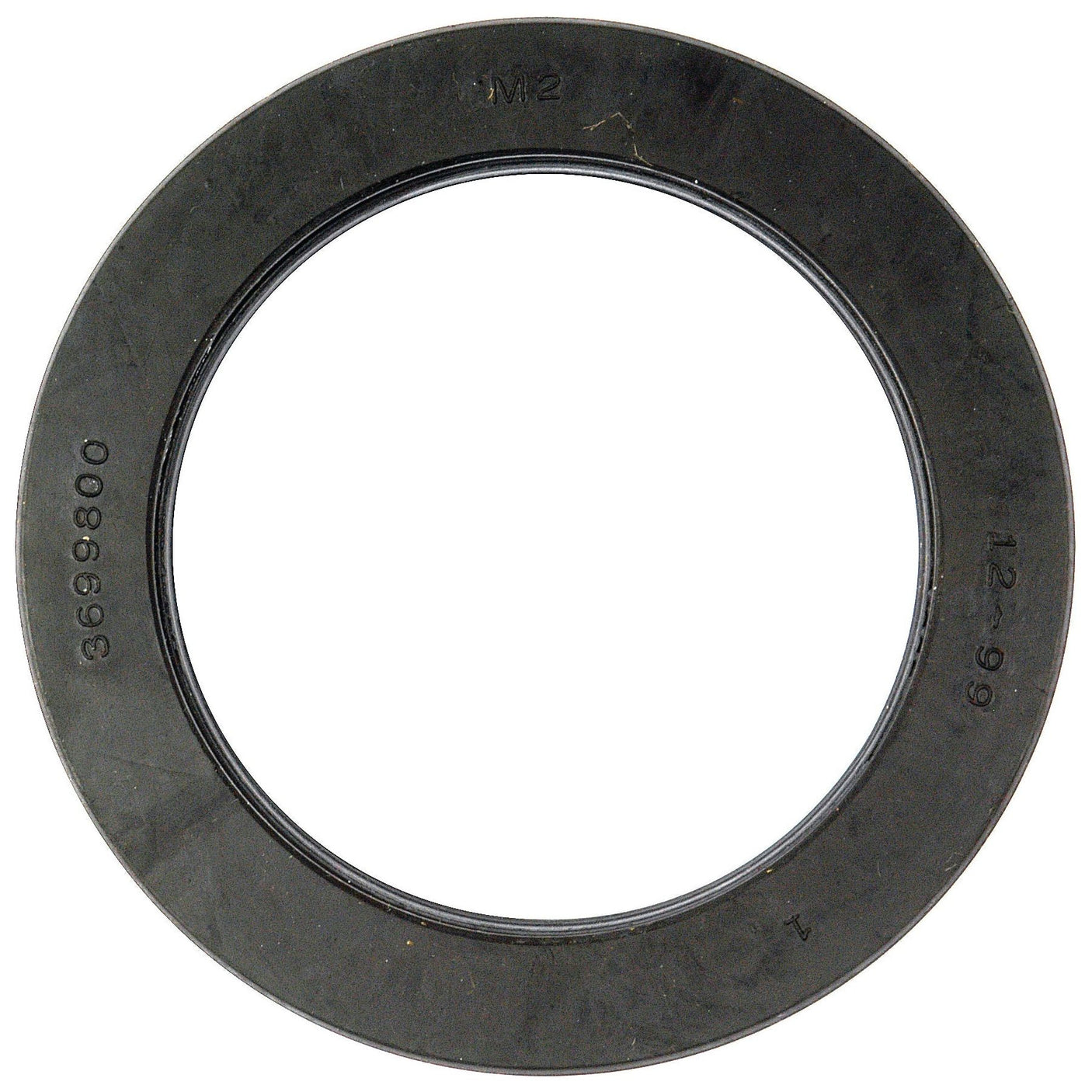 A black, circular rubber gasket with numerical markings "3698800," "12-99," and "M2" imprinted on its surface, commonly used as the outer halfshaft seal in Landini and Massey Ferguson machinery. This product is known as the Oil Seal (73 x 102 x 16.5mm) under Sparex Part No.S.43591 by the brand Sparex.