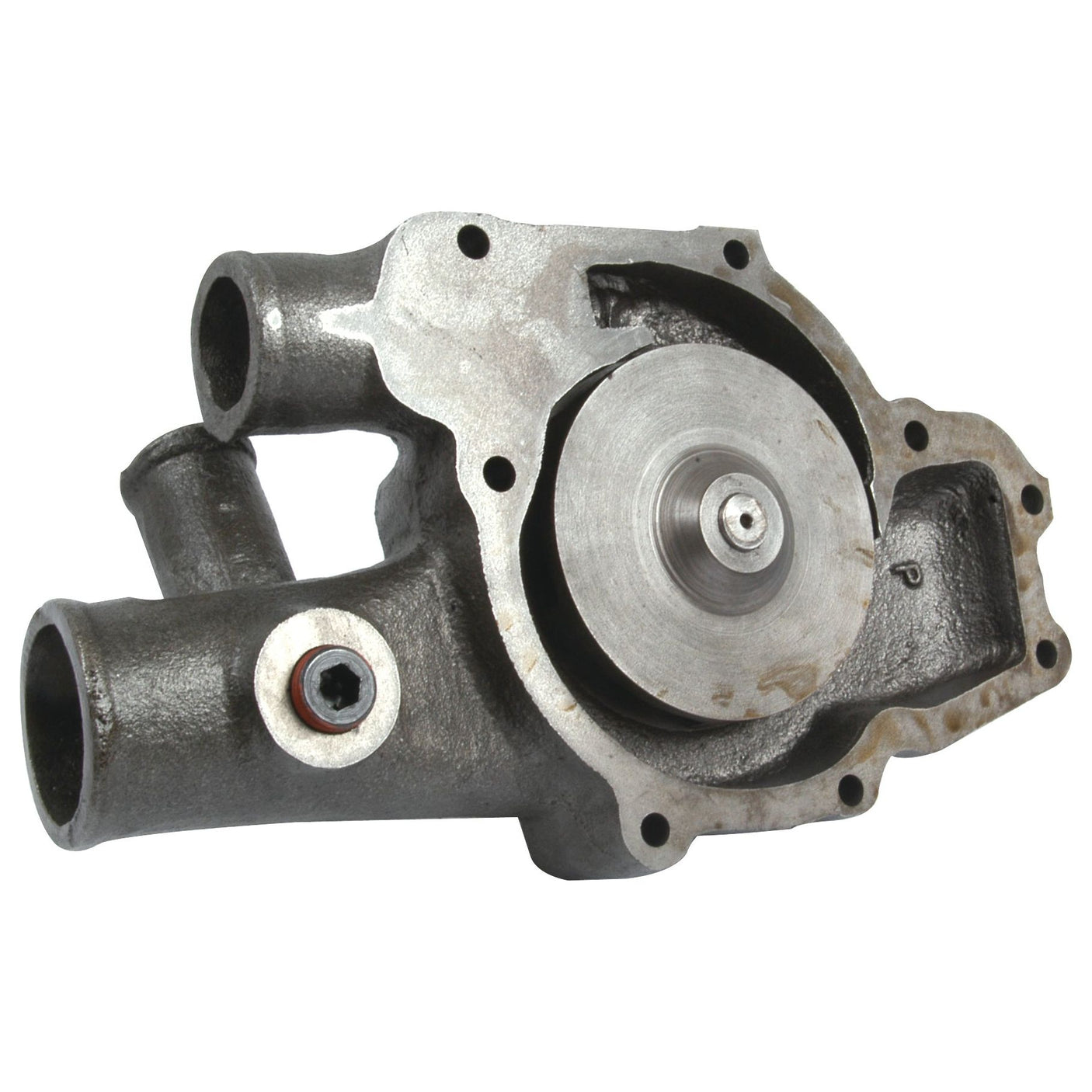 A Water Pump Assembly (Sparex Part No.S.43630) featuring a metal housing with multiple ports and a central rotating Sparex impeller, compatible with Landini U5MW0132 and Massey Ferguson tractors.