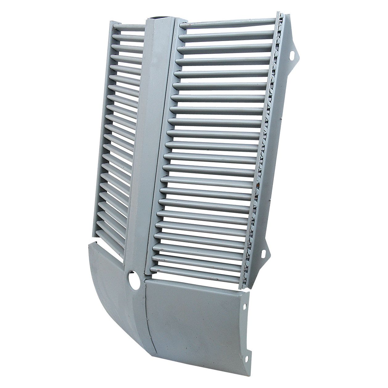 The Sparex Front Panel (Part No. S.43640) features a gray metal grille with horizontal slats, a curved surface, and mounting holes—perfect for enhancing your Massey Ferguson tractor.