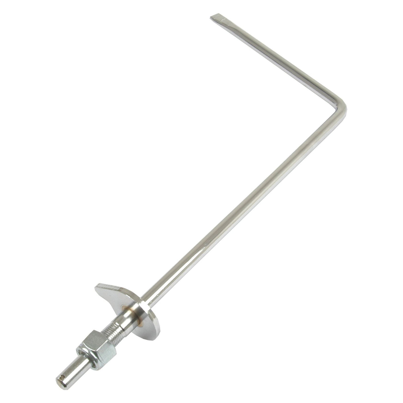 A metal L-shaped rod with a small circular base and threaded end, likely a component for assembly or mounting purposes, compatible with Massey Ferguson 135 tractors. This versatile part, known as the Throttle Lever with Sparex Part No. S.43649, ensures reliable performance in various applications.