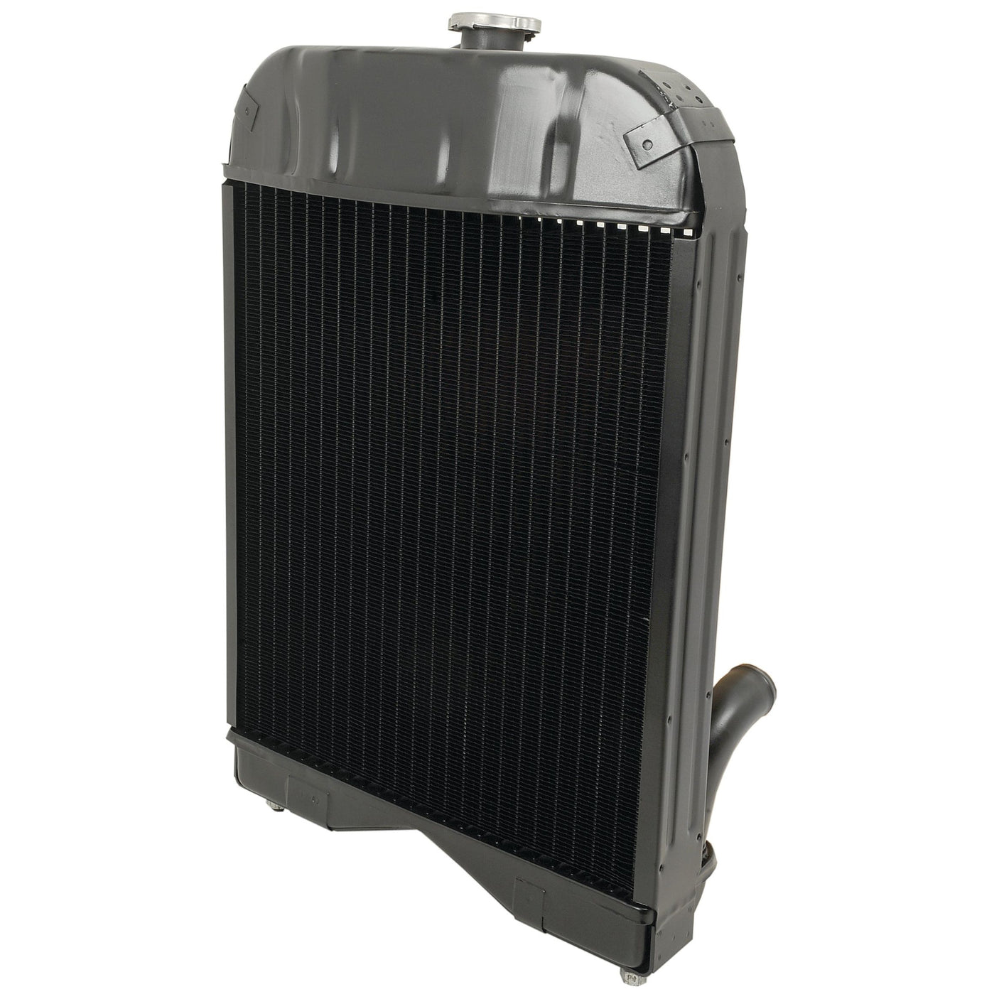 The Sparex Radiator, model S.43653, is a black automotive radiator featuring a metal frame and vented core. It is equipped with an upper filler neck, radiator cap, and lower outlet port.