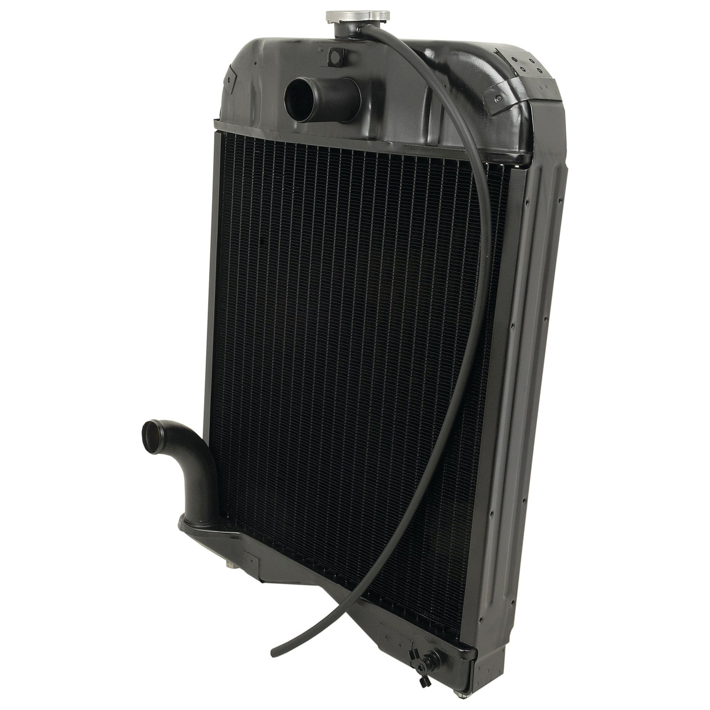 The Radiator - S.43653 by Sparex features a vertical, black design equipped with a radiator cap on top, multiple fins for effective cooling, and an attached rubber hose.