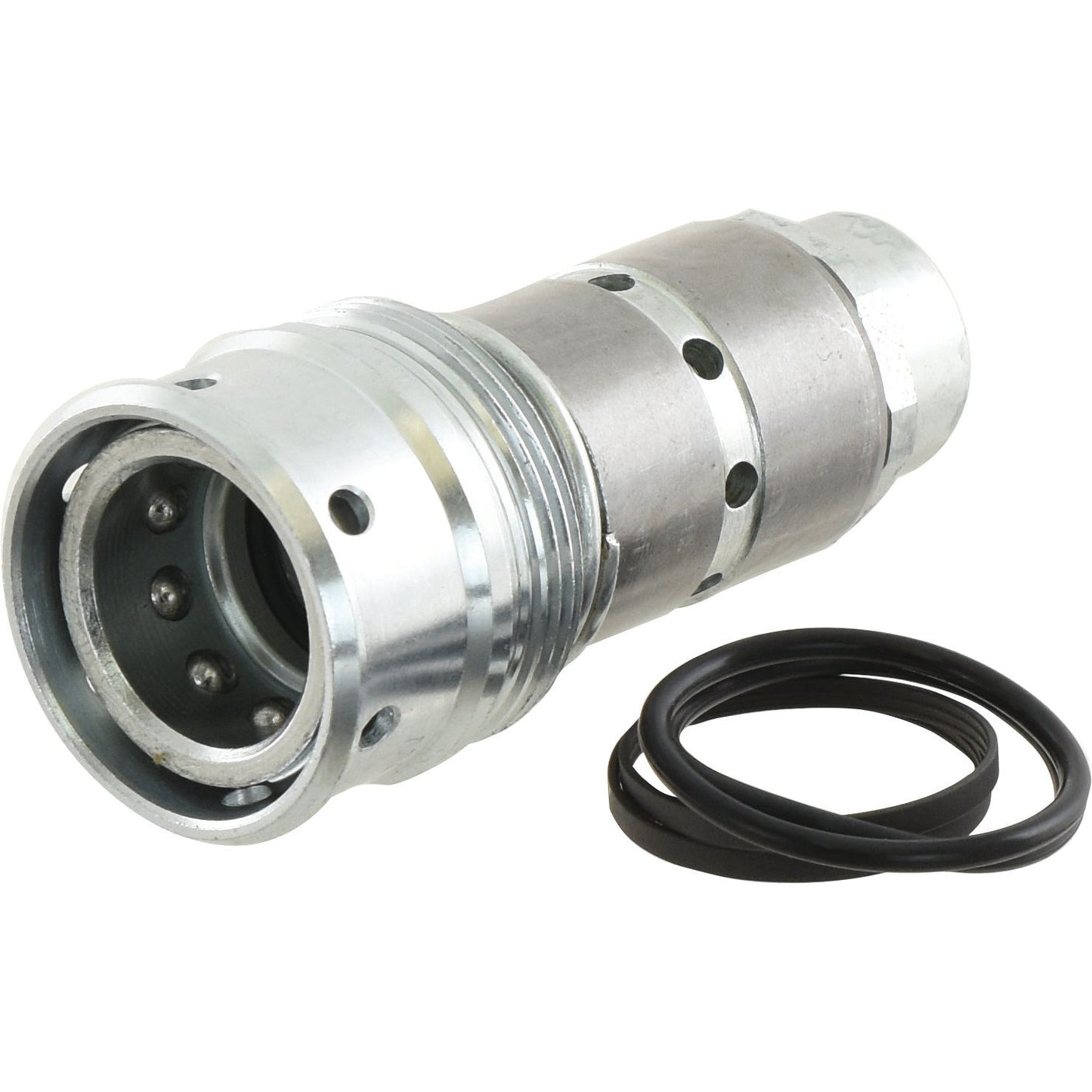 Image of a Sparex Hydraulic Quick Release Coupling Female Sleeve 1/2'' (Agripak 1 pc.), Sparex Part No. S.4365, made from carbon steel with a threaded attachment and two black rubber O-rings beside it, ideal as a replacement for Ford New Holland applications.