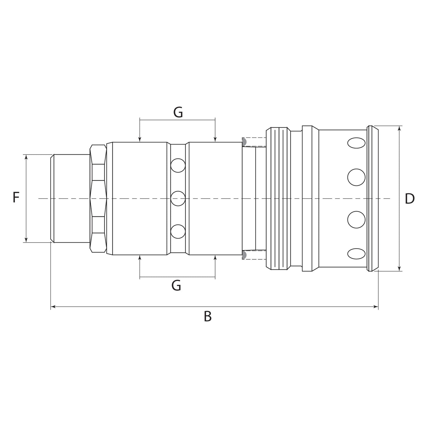 Technical drawing of a hydraulic quick release coupling female sleeve 1/2'' (Agripak 1 pc.), Sparex Part No. S.4365, replacement for Ford New Holland, with labeled sections D, F, G, and B, illustrating dimensions and structural details.