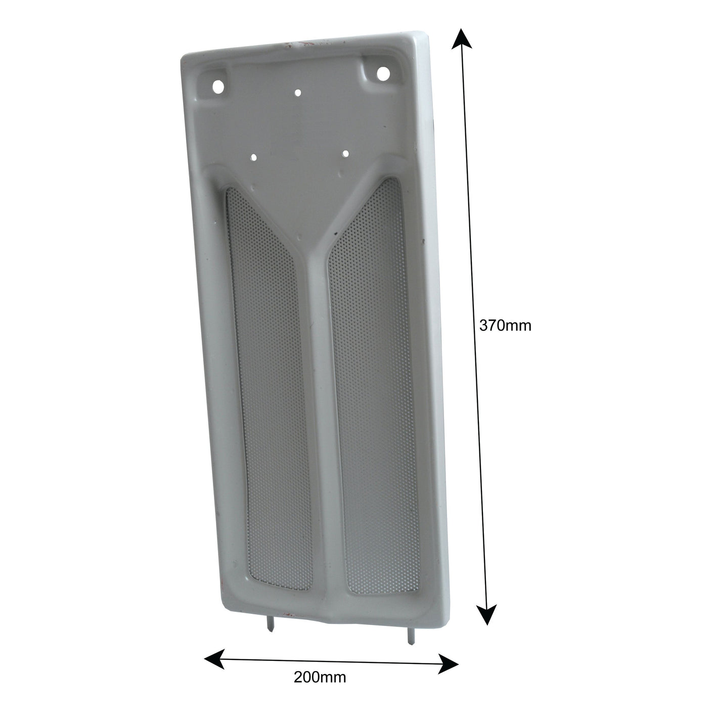 The Sparex Front Panel (Part No. S.43660) is a rectangular white air vent cover with mesh panels, measuring 370mm in height and 200mm in width. Compatible with Massey Ferguson or Landini equipment, this versatile spare part fits seamlessly.