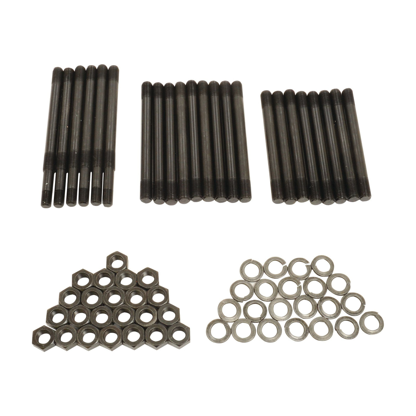 Three groups of long black bolts, a grouping of hex nuts, and a grouping of washers are arranged on a white background, reminiscent of the precision found in Sparex's Cylinder Head Stud Kit - S.43675 for Perkins Engine assemblies in Massey Ferguson tractors.