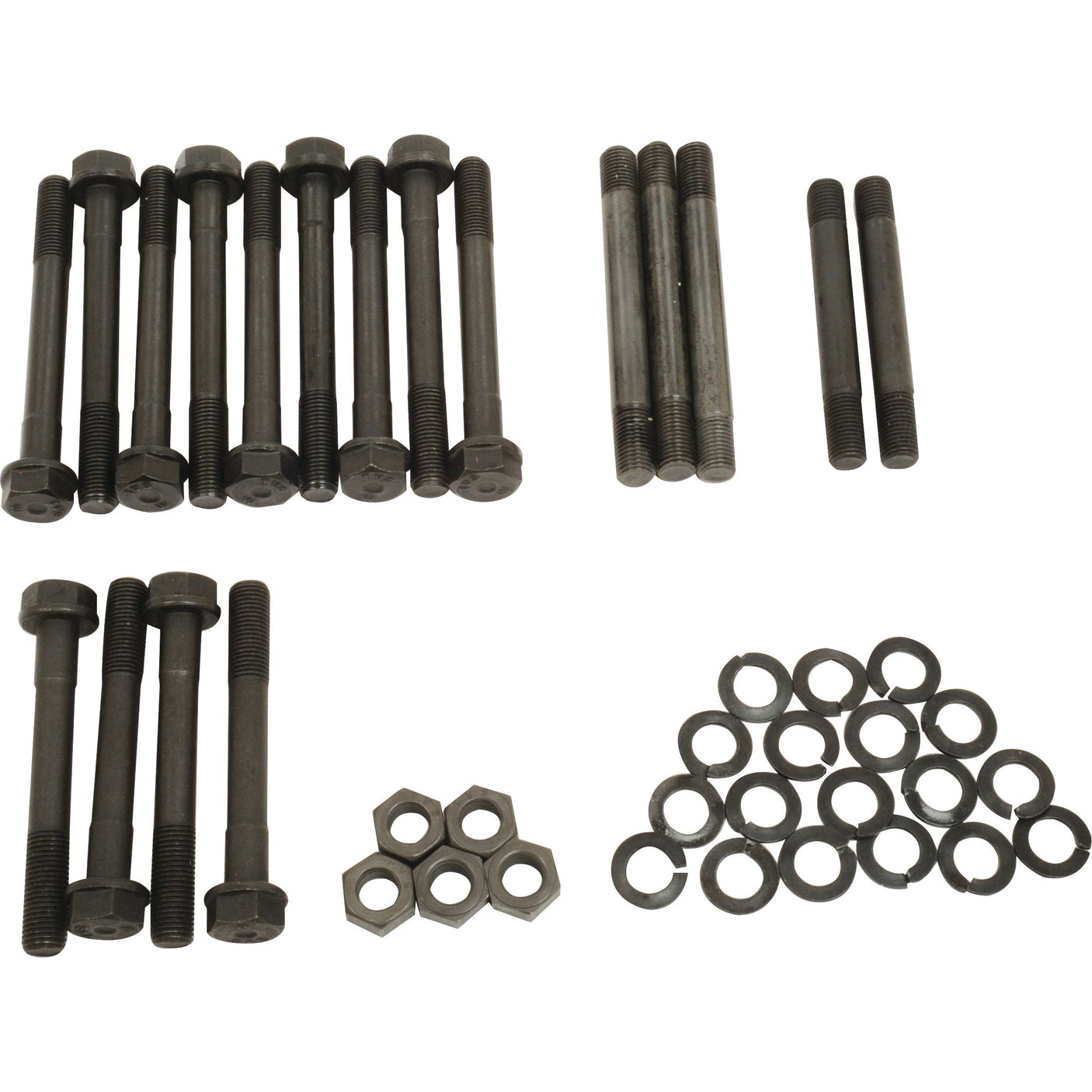 The Cylinder Head Stud Kit - S.43676 by Sparex, featuring variously sized black bolts, nuts, and washers organized into groups on a white background, is perfect for repairing Massey Ferguson machinery.