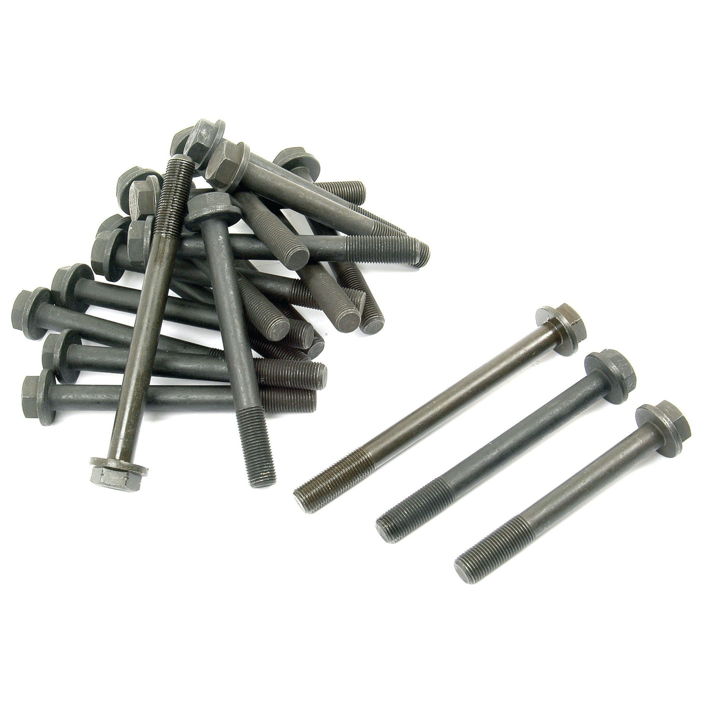 A pile of bolts on the left side of the image, with three additional bolts from the Sparex Cylinder Head Stud Kit (S.43679) placed in a row on the right side, as if organized by an engine manufacturer for cylinder assembly.