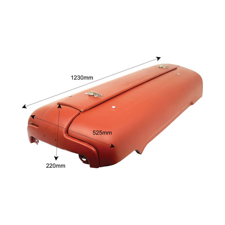 The Bonnet (Sparex Part No. S.43703), an orange automotive part from Sparex that resembles a Massey Ferguson bonnet, has dimensions of 1230mm in length, 525mm in width, and 220mm in height. It features mounting brackets and panels.