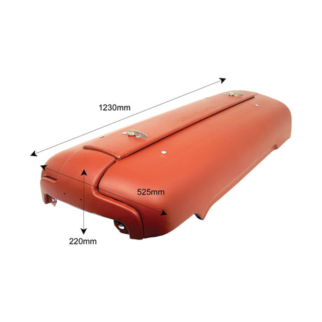 The Bonnet | Sparex Part No.S.43704, a red metal box from the Sparex brand, measures 1230mm in length, 525mm in width, and 220mm in height. It is perfect for storing tractor parts and features two sturdy latches on the lid. This product is built to match Massey Ferguson equipment standards.